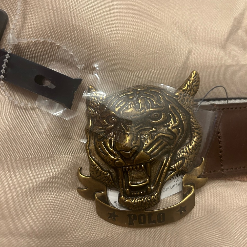 Ralph Lauren Polo Metal Tiger Plate Canvas Blue Belt NWT $70 Sz 38. MSRP $119